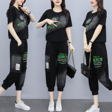 批发实拍 <b class='q'>夏</b>季时尚套装女 胖MM潮流拼接牛仔印花短袖两件套大码女装