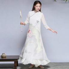 批发中国风秋季新式<b class='q'>旗袍</b><b class='q'>改良</b>雪纺连衣裙茶服精品荷塘精细雪纺中式长裙