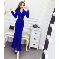 批发<b class='q'>实拍</b>2026春时尚名媛气质网红v领单排扣礼服长裙鱼尾连衣裙