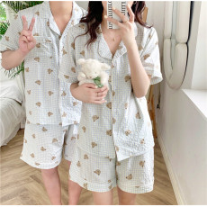 批发实拍韩版甜美卡通格子小熊ins印花情侣<b class='q'>睡衣</b>短袖夏季家居服