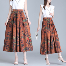 批发实拍复古印花真丝半身裙2022<b class='q'>夏</b>大码高腰大摆裙休闲百搭长裙
