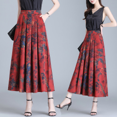 批发实拍复古印花真丝半身裙2022<b class='q'>夏</b>大码高腰大摆裙休闲百搭长裙