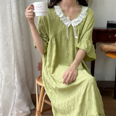 批发梦<b class='q'>记</b> M-4XL 睡裙睡衣女士夏季短袖梭织棉提花加大码花边家居服