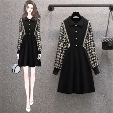 批发实拍大码女装春装胖mm赫本风千鸟格雪纺拼接假两件显瘦针织连衣裙