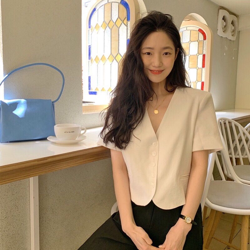 있음 선적 chic 싱글 줄 버튼 작은 대중 반팔 V넥 맨위