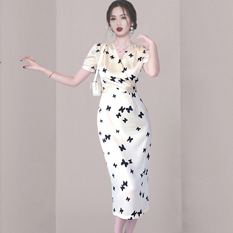 RY2615# V领连衣裙女2026夏装新款女装气质高端收腰显瘦夏季雪纺包...