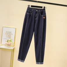 批发实拍春新款大码高腰宽松休闲欧版牛仔老爹裤大码弹力休闲九分女裤