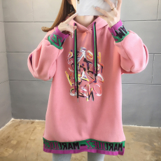 批发大卫衣实拍秋冬2021中长款潮流印花加绒连帽长袖卫衣女