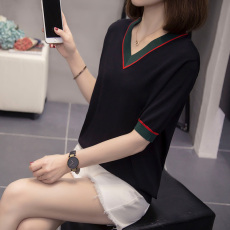 批发2026年夏季新款V领冰丝针织衫短袖T恤大码女装胖mm显瘦薄款毛衣