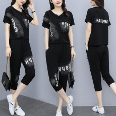 批发实拍 <b class='q'>夏</b>季新款套装女 宽松拼接牛仔印花短袖两件套潮流大码女装