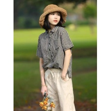 批发官网图黑白<b class='q'>格子</b>亚麻女士衬衫年夏季新款宽松日系简约短袖衬衣