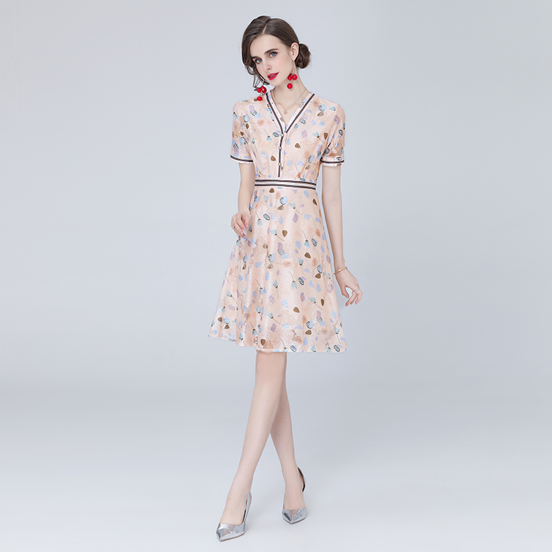 FA30361# -夏季新品v领显瘦短袖雪纺气质印花女款连衣裙碎花通勤 服裝批發女裝批發服飾貨源