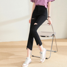 批发5168#实拍 <b class='q'>破洞</b>九分不规则毛边微喇叭春夏薄款打裤子职业弹力女裤