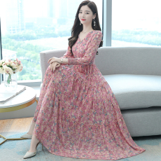 批发实拍2026春季<b class='q'>印花</b>雪纺长袖<b class='q'>连衣裙</b>仙女气质收腰显瘦大摆裙