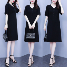 批发实拍2026夏季新款大码V领黑色雪纺宽松时尚气质遮肚显瘦连衣裙