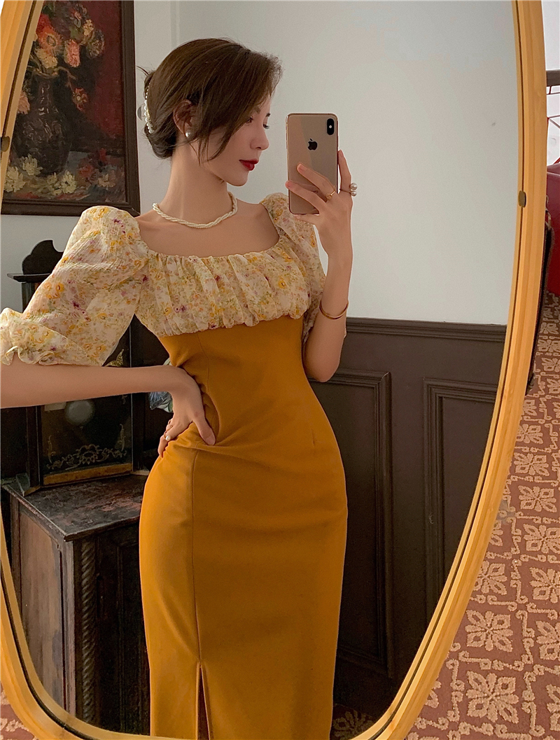 MY4467# 复古泡泡袖拼接碎花连衣裙女夏方领气质显瘦茶歇裙子女裝貨源服裝批發