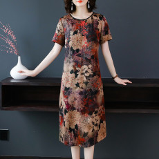 批发2025<b class='q'>夏</b>季新款中式复古香云纱年轻妈妈减龄真丝中长款连衣裙