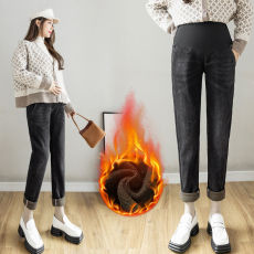 批发实拍孕妇牛仔托腹裤冬季暖<b class='q'>宝宝</b>加绒加厚<b class='q'>哈伦裤</b>直筒长裤老爹裤