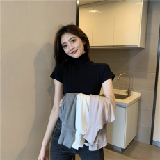 批发实拍实价 韩版修身百搭堆堆领显瘦短袖T恤上衣