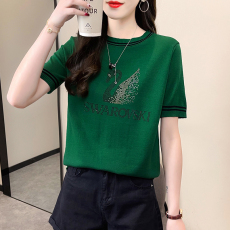 批发实拍 冰丝<b class='q'>t</b><b class='q'>恤</b>女短袖ins潮夏季新款打底上衣拼色烫钻冰丝针织衫