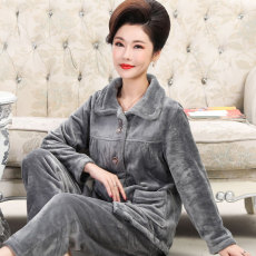 批发女士秋冬季珊瑚绒睡衣加绒加厚中年法兰绒保暖妈妈家居服套装灰色