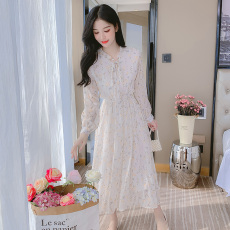 批发实拍2026d春装新款韩版洋气雪纺长袖碎花长款<b class='q'>连衣裙</b>打底百搭裙子