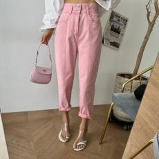 批发现 小脚裤雾雾樱花粉色裤子小直筒休闲气质高腰牛仔裤<b class='q'>女</b>