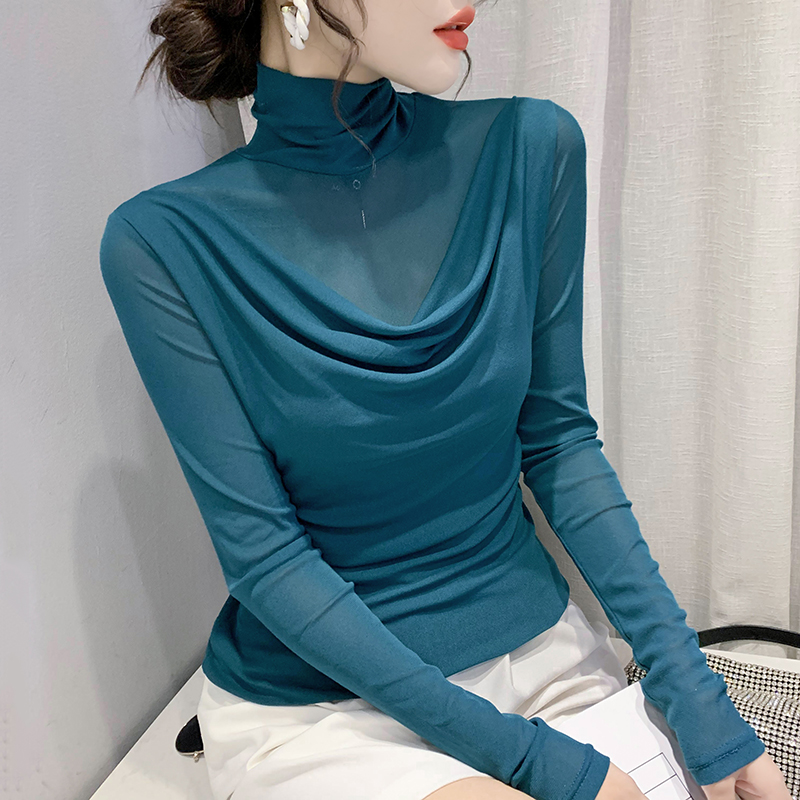 春秋新款高领网纱打底衫女修身性...