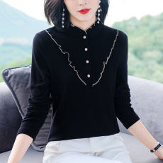 批发实拍中年<b class='q'>妈妈</b>打底衫女2026年春季新款宽松显瘦立领百搭上衣