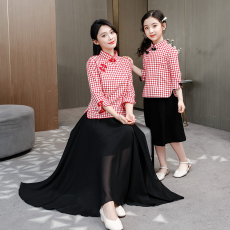 批发媞卡诗立领格子复古清新优雅中式国风童装上衣套装姐妹<b class='q'>母女</b><b class='q'>亲子装</b>
