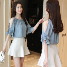 批发实拍超仙一字领雪纺衫上衣夏季新款女装宽松露肩两穿小衫女<b class='q'>打底衫</b>