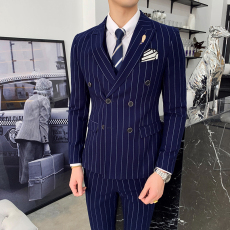批发2019商务修身条纹西服三件套男韩版青年发型师正<b class='q'>装</b>