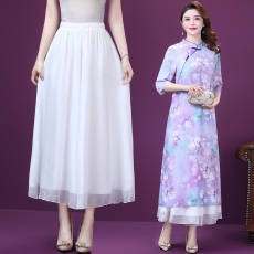 批发<b class='q'>夏</b>新款中国风仿桑蚕丝仿真丝印花宽松大码女短袖连衣裙+阔腿