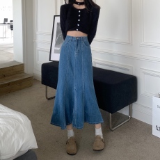 批发实拍2026春季新款中长款鱼尾裙高腰a字裙包臀<b class='q'>牛仔</b>半身裙女