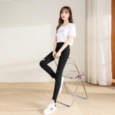 批发5199#多<b class='q'>破洞</b>九分裤不规则夏季修身弹力外穿<b class='q'>打底裤</b>女薄款高腰毛边