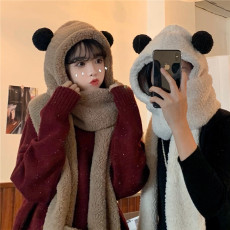 批发特价不减 韩版百搭羊羔毛小熊围巾帽子手套一体围脖