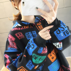 批发300克复合实拍秋冬2021中长款潮流印花加绒连帽卫衣女潮