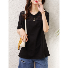 批发限价+12 2022夏季韩版时尚蕾丝拼接<b class='q'>饰品</b>装饰V领T恤宽松短袖上衣女