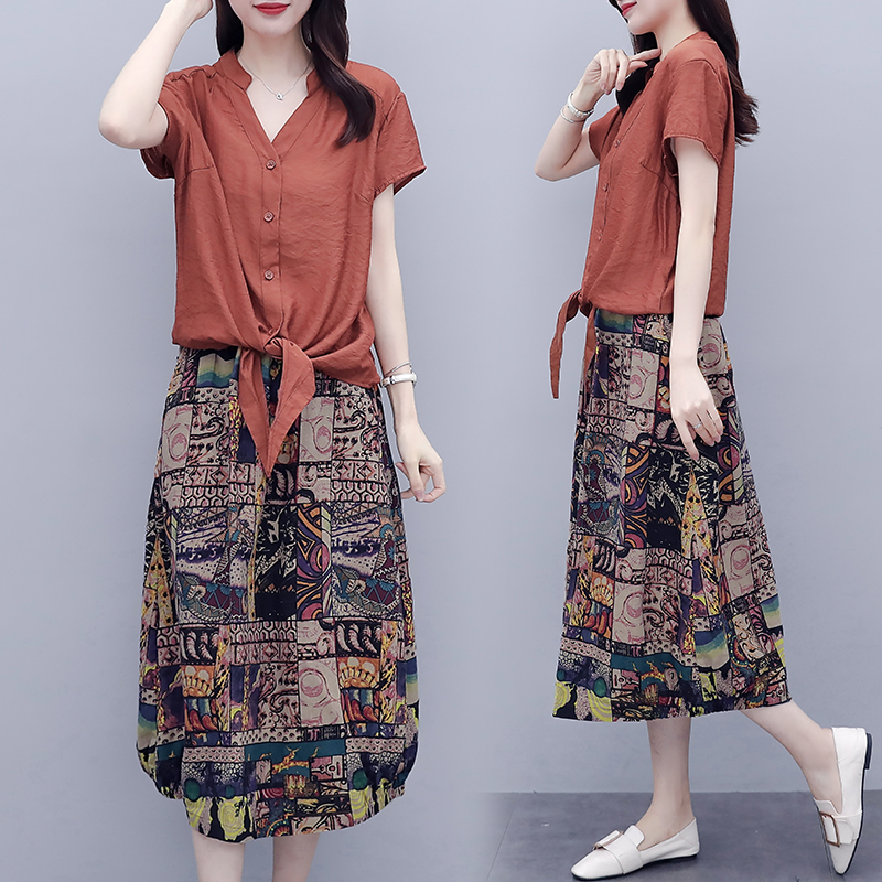 MY16788# 棉麻连衣裙女夏装新款夏天气质宽松半身裙套装两件套亚麻长裙...