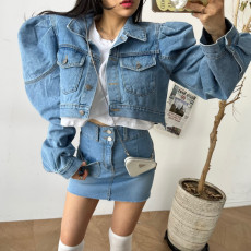 批发现 新品女装 泡泡袖长袖短款牛仔<b class='q'>外套</b>上衣