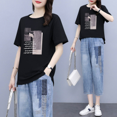 批发<b class='q'>大码</b>女<b class='q'>装</b>夏<b class='q'>装</b>胖mm宽松遮肚子圆领t桖胖人显瘦半袖上衣纯棉短袖T恤