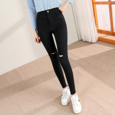 批发5610#<b class='q'>破洞</b>春夏薄款<b class='q'>打底裤</b>女单纽扣长裤小脚修身铅笔女九分长裤子