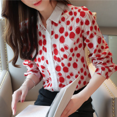 批发实拍洋气春秋季新女装翻领波点<b class='q'>雪纺衫</b>上衣显瘦开衫衬衫打底衫衬衣