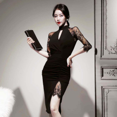 批发韩版春秋装半高领蕾丝拼接年会礼服裙连衣裙女包臀开衩中裙