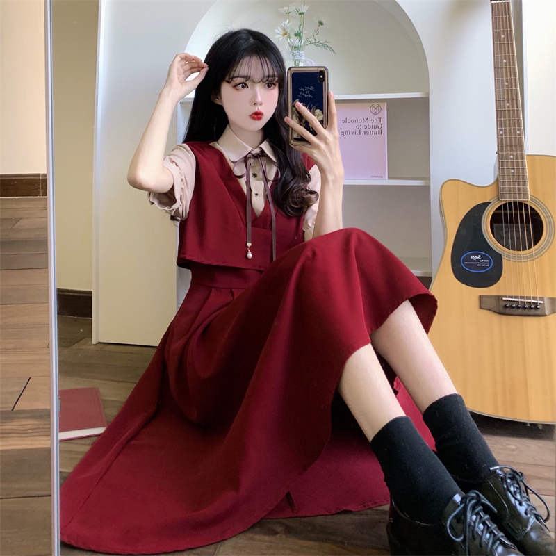 실사 여름 새로운 반팔 프랑스식 레트로 패치워크 페이크 레이어드 허리 수축 슬림해 보이는 롱 코트 여성 드레스