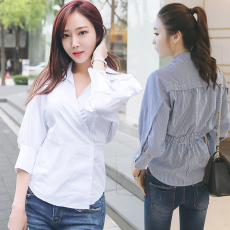 批发衬衣女装2026春秋季蝙蝠泡泡袖v领百搭打底衫白领衬衫女上衣