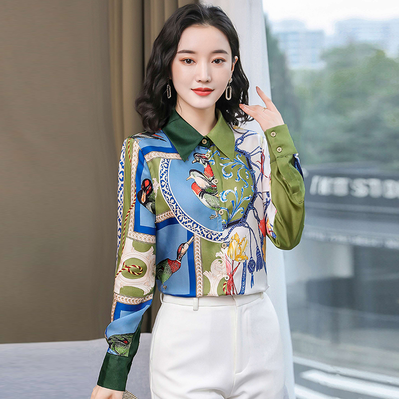 MY13557# 重磅真丝衬衫女新款翻领衬衣洋气撞色印花桑蚕丝缎面上衣女裝...