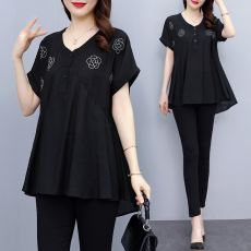 批发实拍大码女装夏装2022新款胖mm短袖T恤烫钻雪纺衫宽松遮肚子上衣