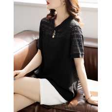 批发限价+12+小视频2022夏季时尚蕾丝拼接<b class='q'>饰品</b>装饰V领T恤宽松上衣女