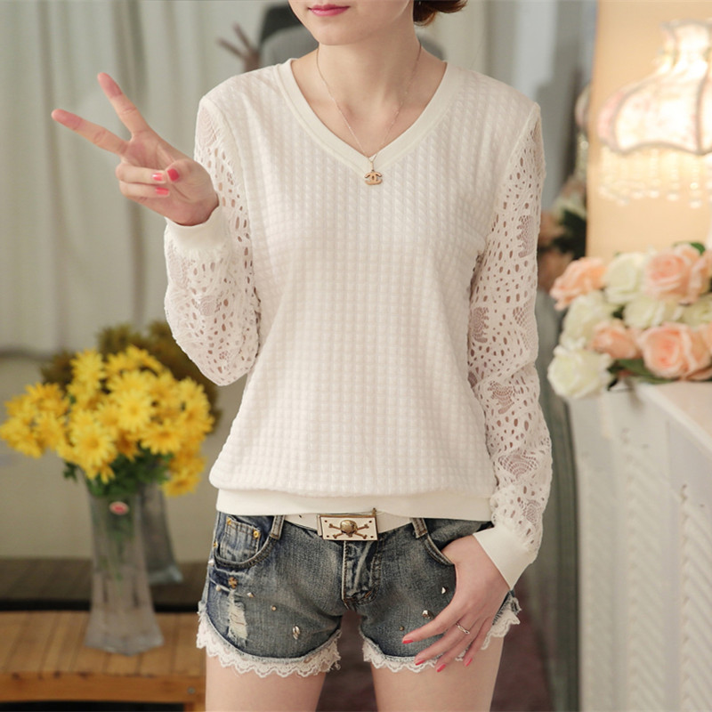 MY70174# 简约白色套头女蕾丝上衣条纹V领长袖T恤潮女裝貨源服裝批發